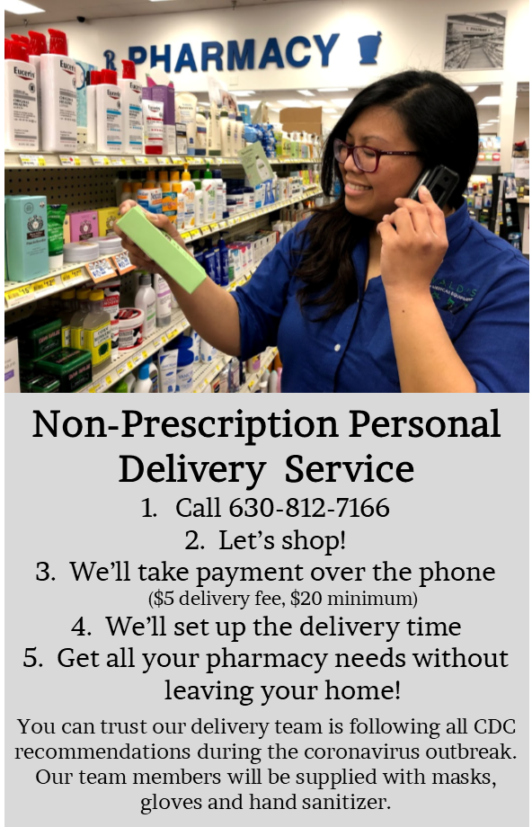 Non-Prescription Personal Delivery Service. Oswald's offers non-rx deliveries 5 days a week to Naperville residents for a $5 charge. Photo of Oswald's employee setting up a local delivery on the phone.