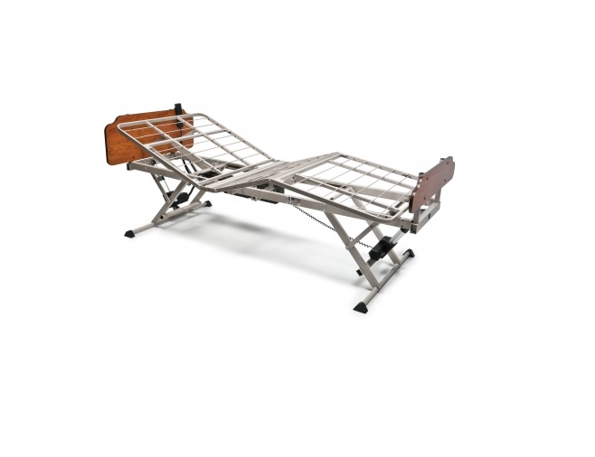 Patriot LX Hospital Bed. Bed shown without a mattress. Head and foot sections shown raised at 30 degree angles.