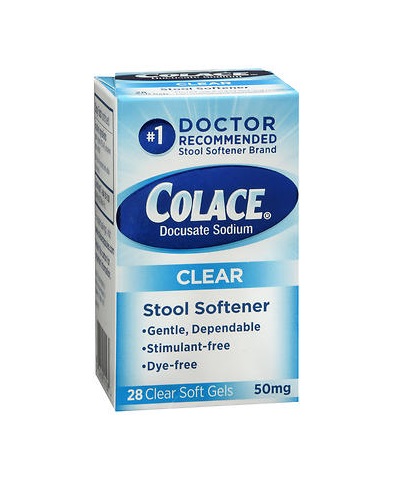 Colace Clear Stool Softener 50mg 28 Soft Gels. Box shown.