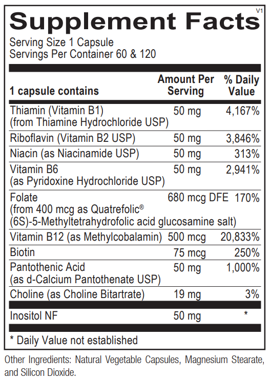 Ortho Molecular Methyl B Complex supplement facts. Image of the label on the bottle.