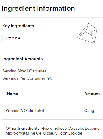 Thorne Vitamin A 25,000 Supplement Facts. Label shown.