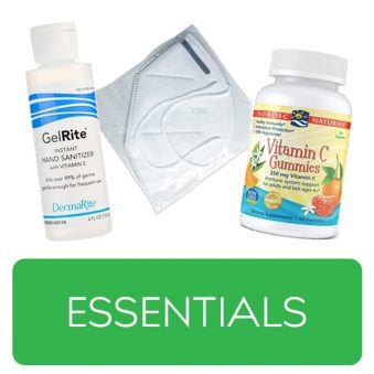 Essentials category button. Picture of hand sanitizer, a KN95 mask, and a bottle of Vitamin C over a clickable green button.