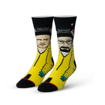 Breaking Bad ODD SOX. A pair of socks shown on mannequin feet. One sock has a full size image of a cartoon Walter White in his cooking jumpsuit. The other sock has a full size image of a cartoon Jesse Pinkman in his cooking jumpsuit.