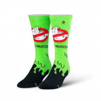 Ghostbusters ODD SOX. Image of the Ghostbusters socks on mannequin feet. Both socks have a green slime background with the Ghostbusters logo on the front.