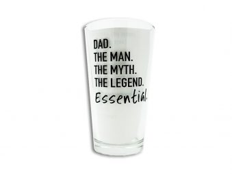 Dad The Man The Myth The Legend Essential Glass. Picture of 15oz glass with the text in black shown.