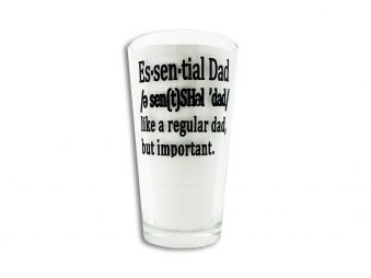 Essential Dad 15oz Glass. A 15oz glass with the text and the definition of 'essential dad' printed on it.