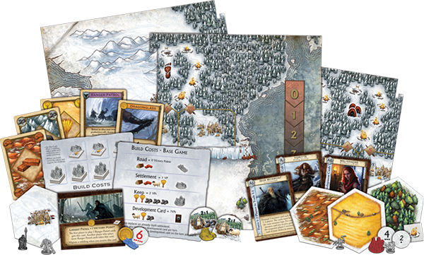 Game of Thrones Catan board game contents. Board, game pieces, and game cards shown on a white background.
