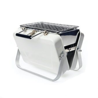Mini Briefcase Barbecue. Small white briefcase shown in the open position with a grill on top.