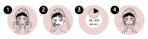 Oh K Mask How-To Chart. 4 steps of putting on an Oh K! mask pictured.