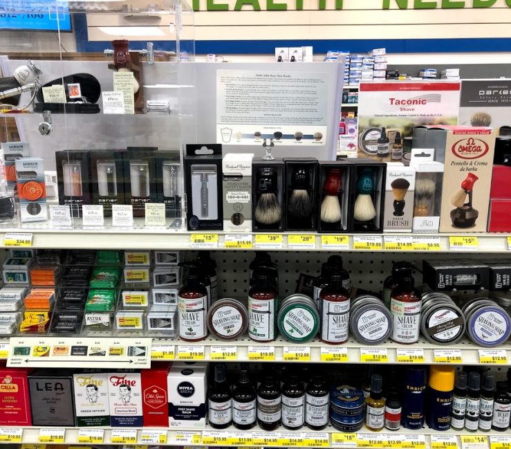 Traditional Shaving Products Section at Oswald's Pharmacy. A photo of the traditional shaving section in Oswald's Pharmacy.