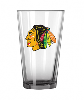 Chicago Blackhawks Pint Glass. Clear glass with the Chicago Blackhawks logo on front.
