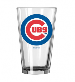 Chicago Cubs Pint Glass. Clear glass with Chicago Cubs logo on the front.