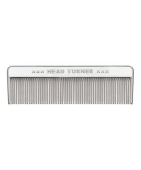 Head Turner Metal Pocket Comb. Comb shown with the phrase "head turner" painted on the center in silver letters.