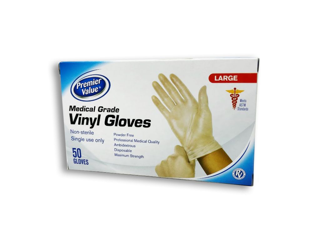 Premier Value Medical Grade Vinyl Gloves Large 50pk. Box shown.
