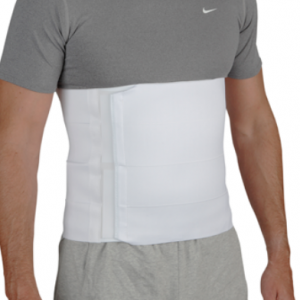 Össur 4-Panel Abdominal Binder product image. Image of male torso wearing the the white 4-panel abdominal binder.