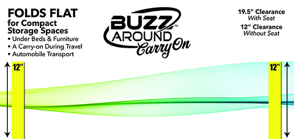 Golden Buzzaround CarryOn Mobility Scooter measurements graph. Image of the measurements of the Buzzaround CarryOn listing the 12" folded clearance height and the 19.5" clearance height with the seat attached.