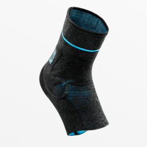 Össur Formfit Pro Ankle Brace. Image of the ankle brace--black with a blue interior. Extra padding around the bottom of the ankle.
