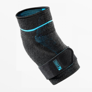 Össur Formfit Pro Elbow Brace. Image of the elbow brace--black with a blue interior. Extra padding around the tip of the elbow.