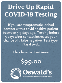 COVID-19 Testing button. Image of the text and $99.00 price.