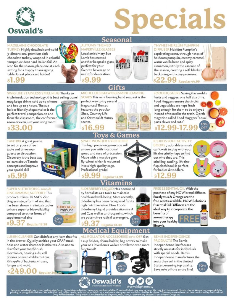 November 2020 Sales Flyer. Monthly promotions for Oswald's Pharmacy.