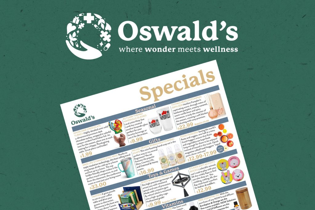 Oswald's specials & promotions header image. Oswald's logo "where wonder meets wellness" over an example promotional flyer.