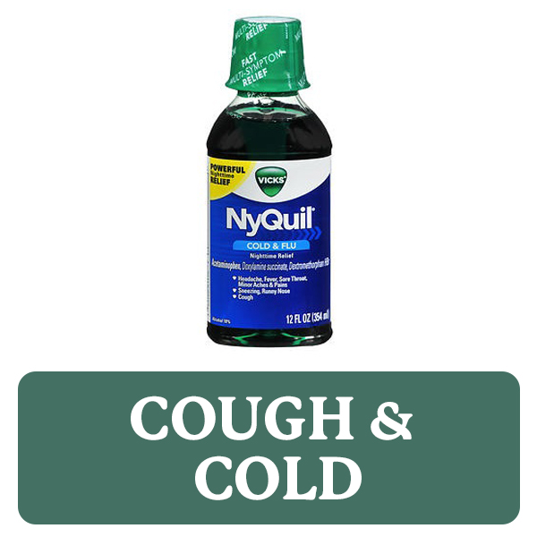 Cough & Cold category button. Picture of Nyquil over a clickable green button.