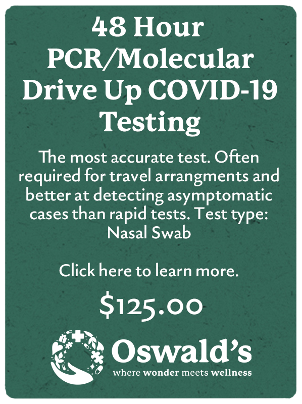 COVID-19 PCR Testing button. Image of the text and $125.00 pricing.