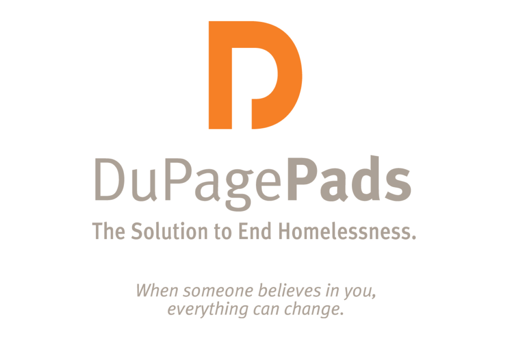 DuPage Pads logo. The DuPage Pads organization logo over the text "The solution to endless homelessness."