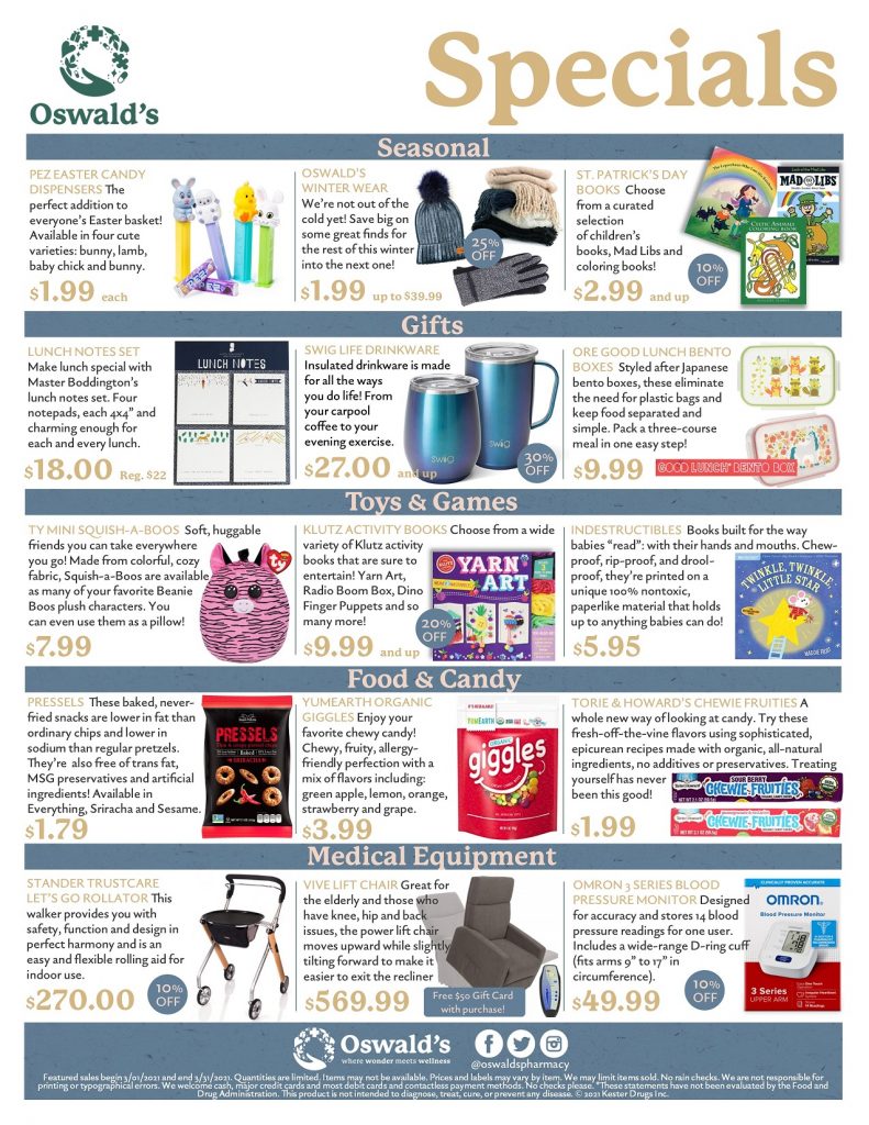 March 2021 Sales Flyer. Monthly promotions for Oswald's Pharmacy. Large image size.