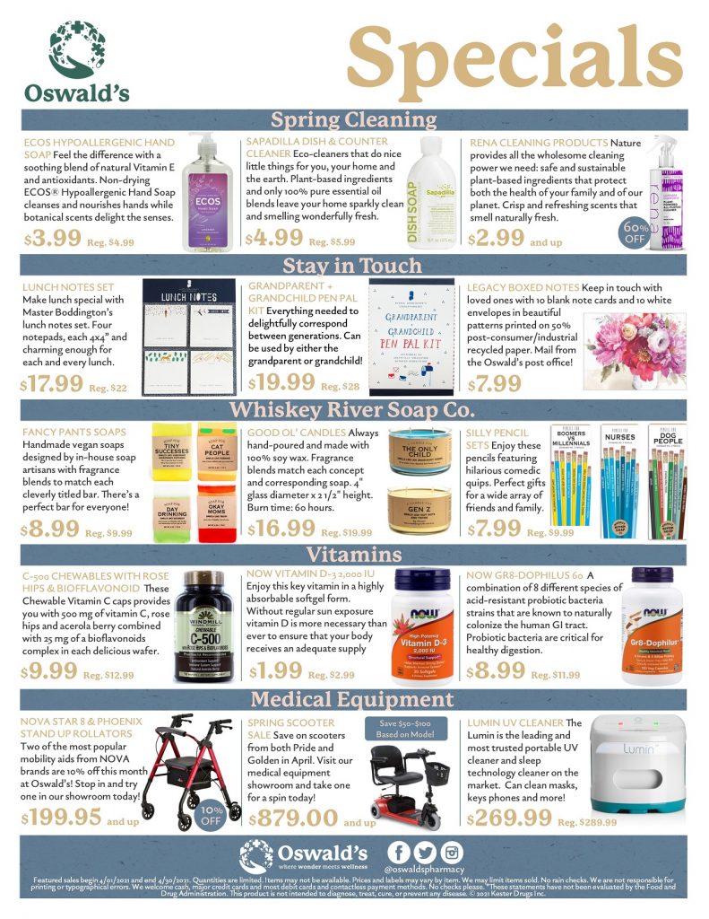 April 2021 Sales Flyer. Monthly promotions for Oswald's Pharmacy. Large image size.
