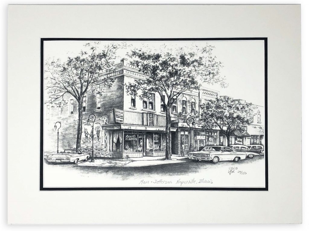 Naperville Art by Marianne Lisson Kuhn. Image of Downtown Naperville from years ago, black and white, stenciled print.