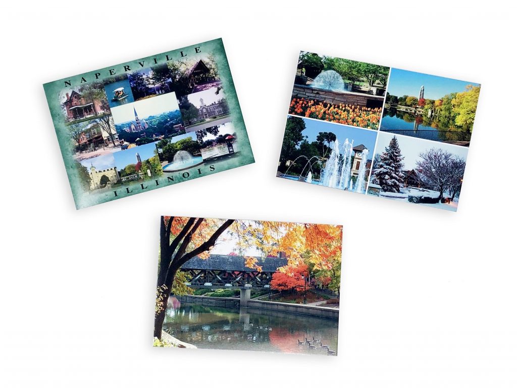 Naperville Postcards. Photo of 3 postcards featuring various Naperville landmarks.