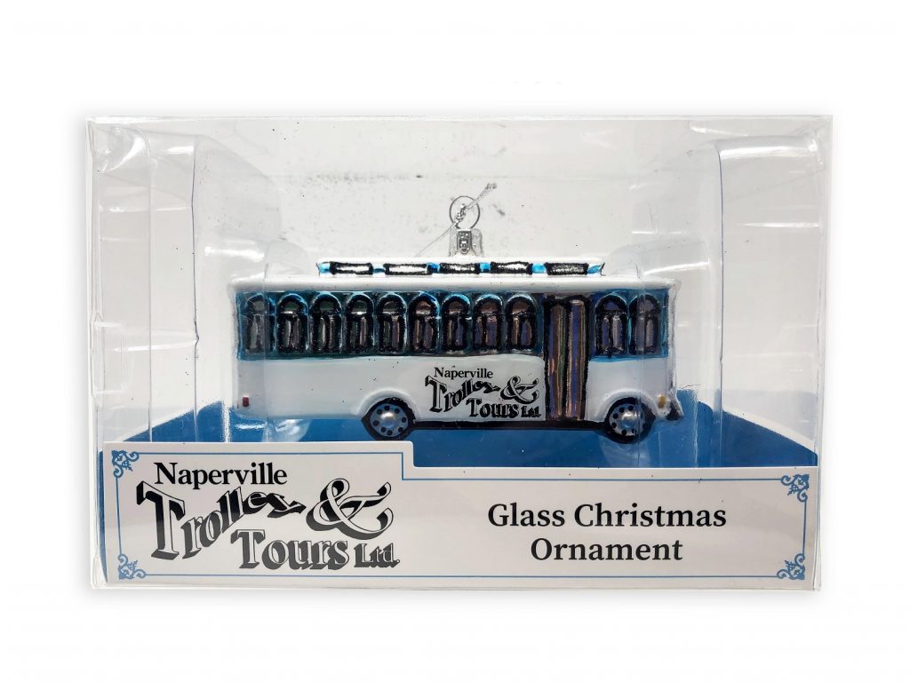 Naperville Trolley Ornament. Photo of the Naperville Trolley ornament in packaging.