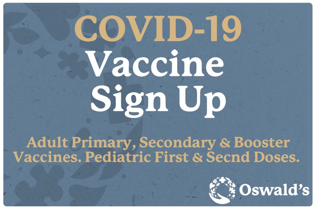 COVID-19 Vaccine Sign Up Page Image. Text over the Oswald's Pharmacy logo.
