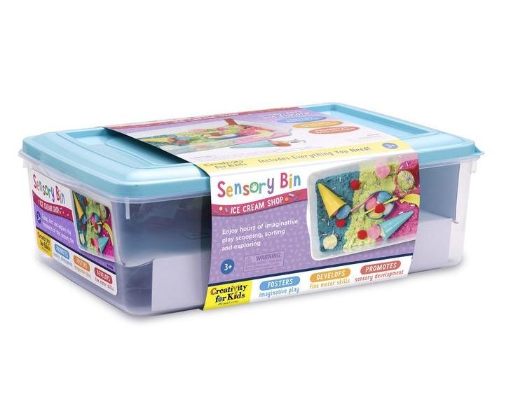 Creativity for Kids Sensory Bin gift image. Photo of a Sensory Kit in a blue box with labeling.