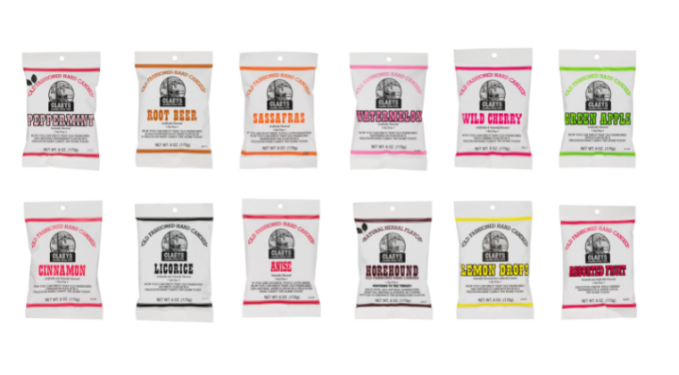 Claeys' Hard Candies. Image of all the flavors of Claey's Hard Candy. 12 flavors in total.