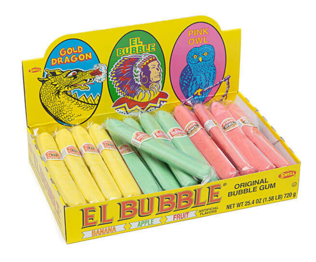 El Bubble Candy Cigars. Photo of a box of El Bubble Candy Cigars. Yellow, Green, and Pink cigars in the box.