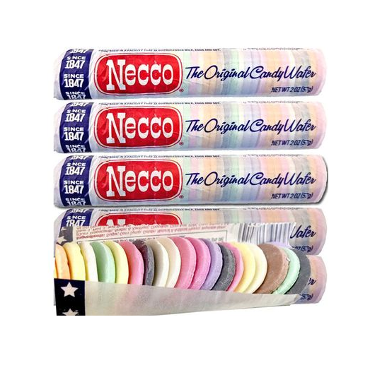 NECCO Wafers. Photo of a few packages of NECCO wafers with an open package at the bottom.