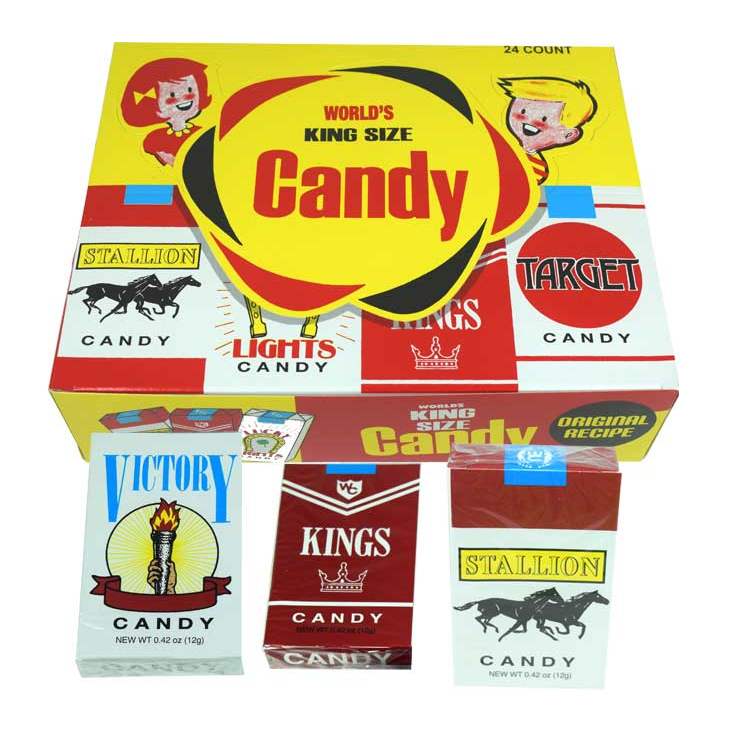 Vintage Candy Cigarettes. Photo of a box of candy cigarettes with a few loose packs in front.