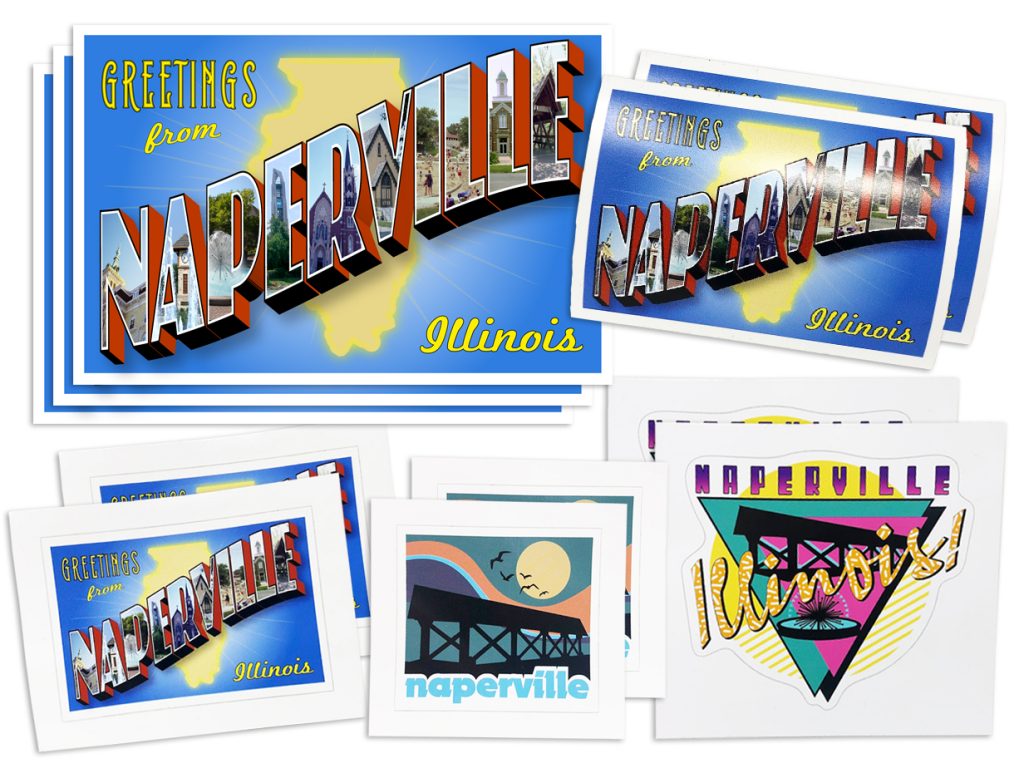 Naperville Stickers & Postcards multipack. Photo of an assortment of Naperville, IL-themed postcards and stickers.