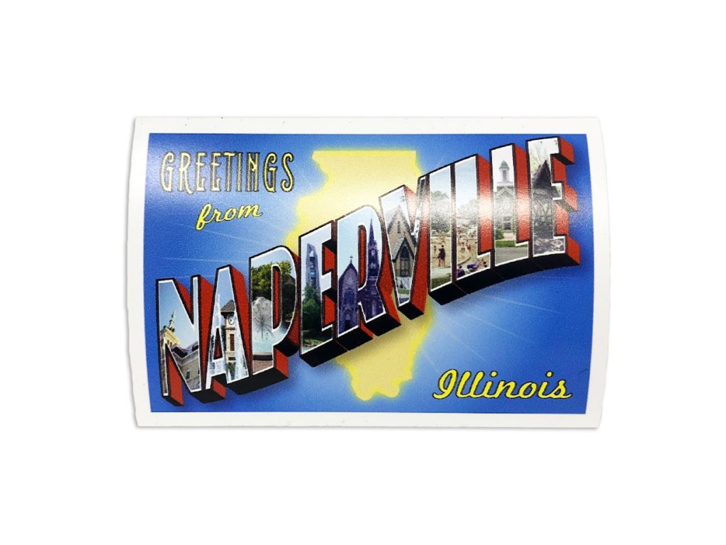Naperville, IL Postcard. Photo of a Naperville, IL Postcard. Box letters in "Naperville" feature iconic landmarks from around the city.