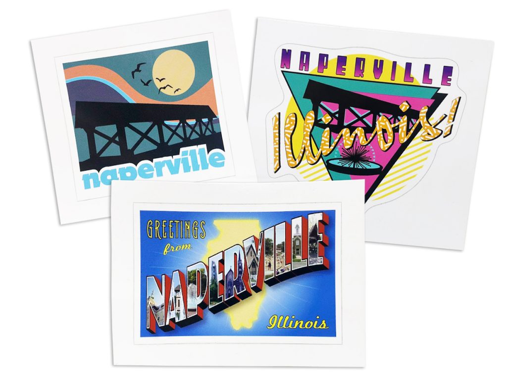 Naperville Sticker 3-Pack. Photo of 3 Naperville, IL stickers-left to right, Retro downtown bridge, Naperville postcard style, and 1990s theme.