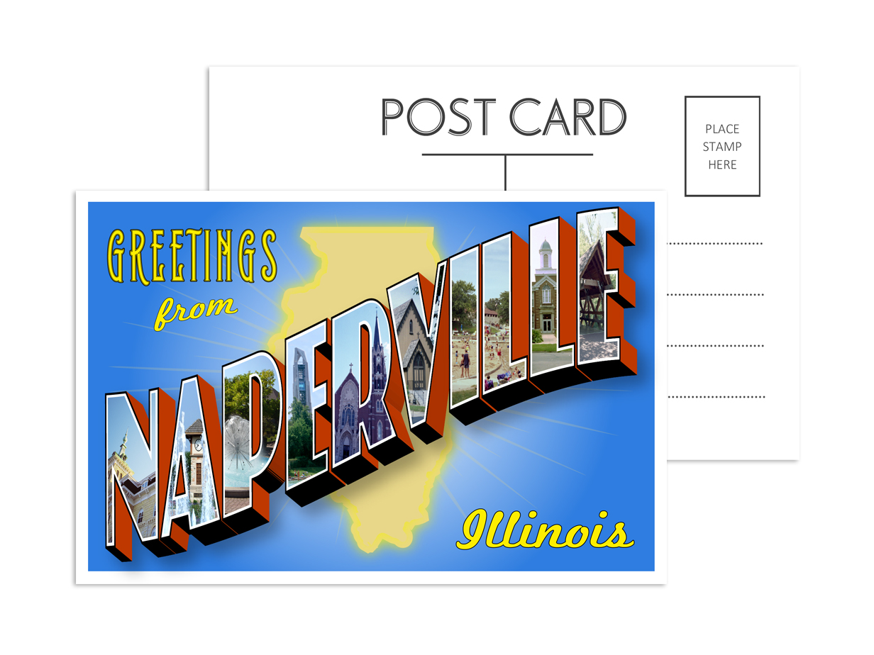 Naperville Postcard image. Front and back of postcard. Front is a stylized Naperville, IL logo with box letters and iconic Naperville landmarks.