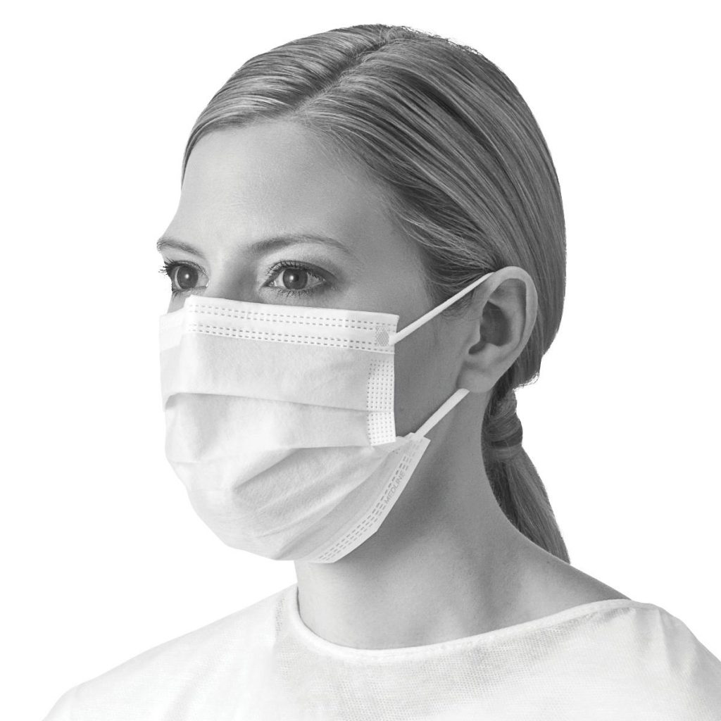 Medline Level 1 Face Masks 50 Pack. Photo of a woman wearing an individual Medline Level 1 Face Mask. White mask color.