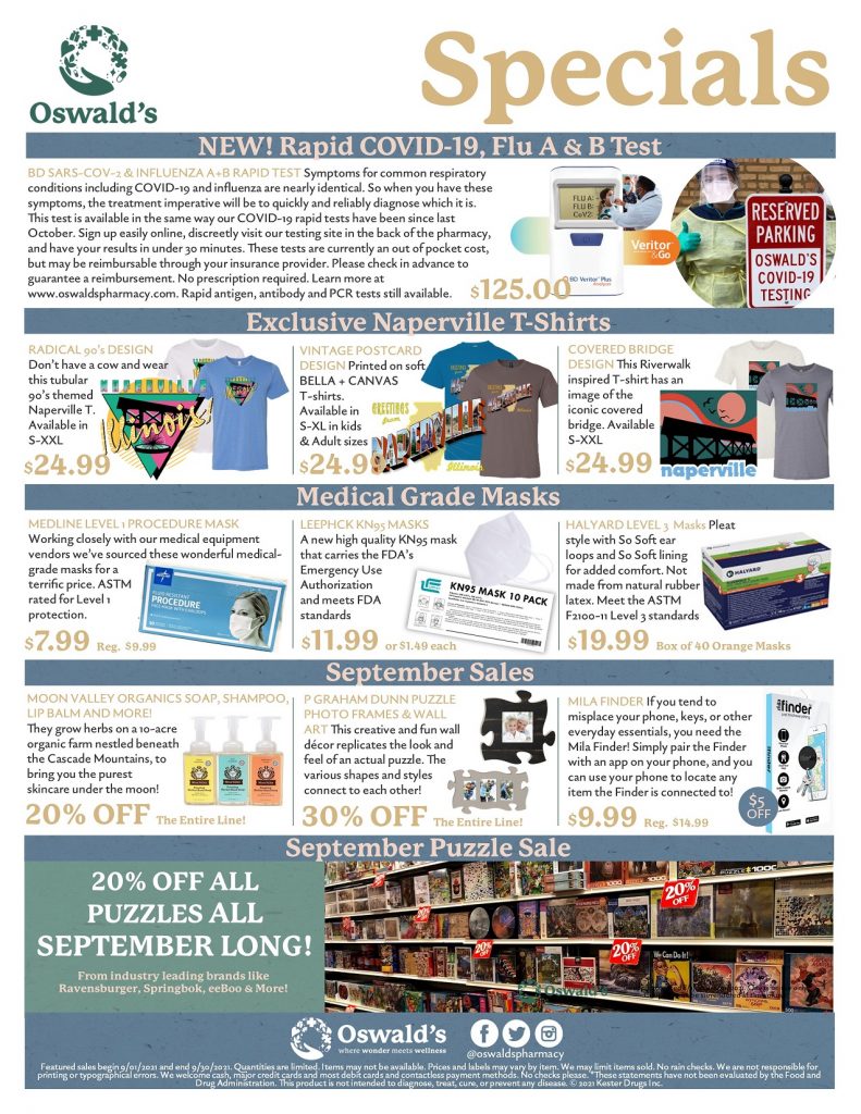 September 2021 Sales Flyer. Monthly promotions for Oswald's Pharmacy. Large image size.