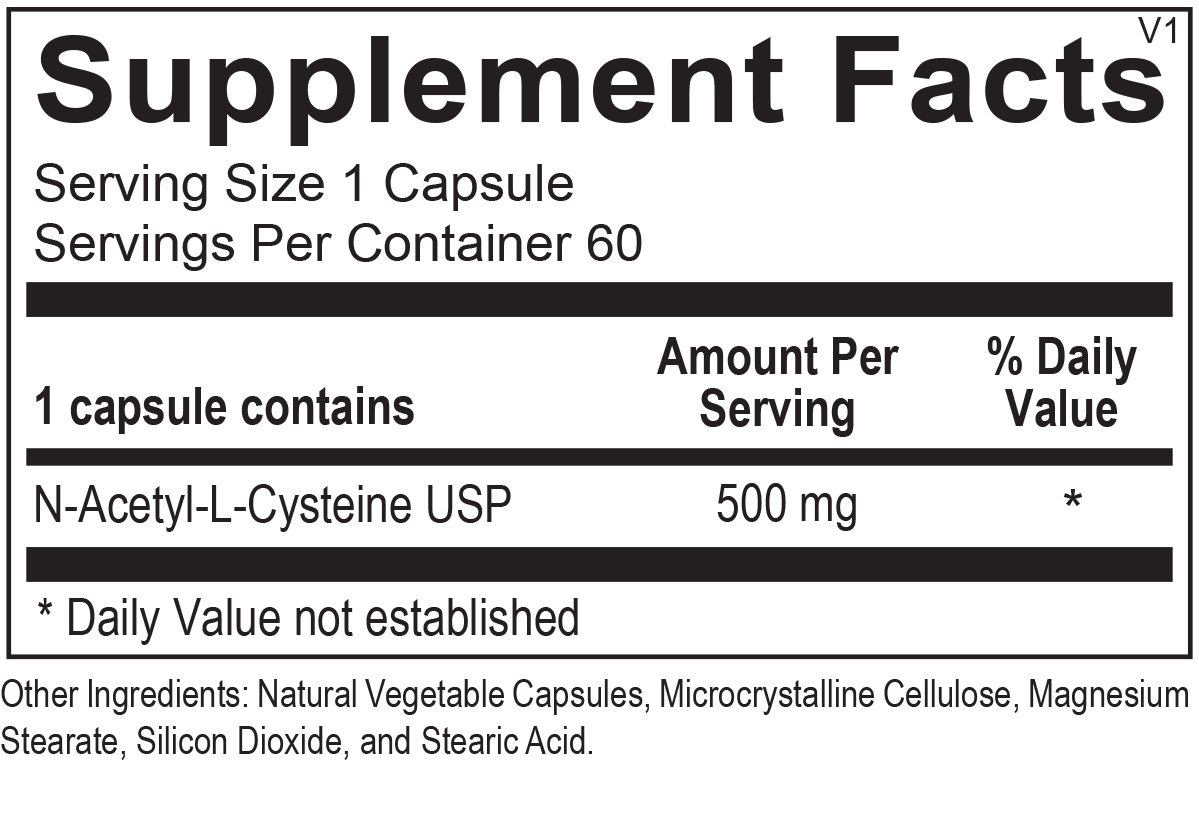 Ortho Molecular N Acetyl Cysteine Supplement Facts. Photo of the supplement facts label from the bottle.