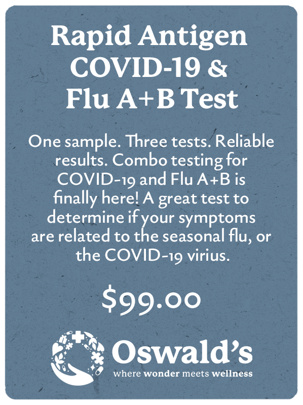 Drive Up Covid And Flu A B Testing Page banner. Image and description of the test with price. Oswald's where wonder meets wellness logo at bottom of page.