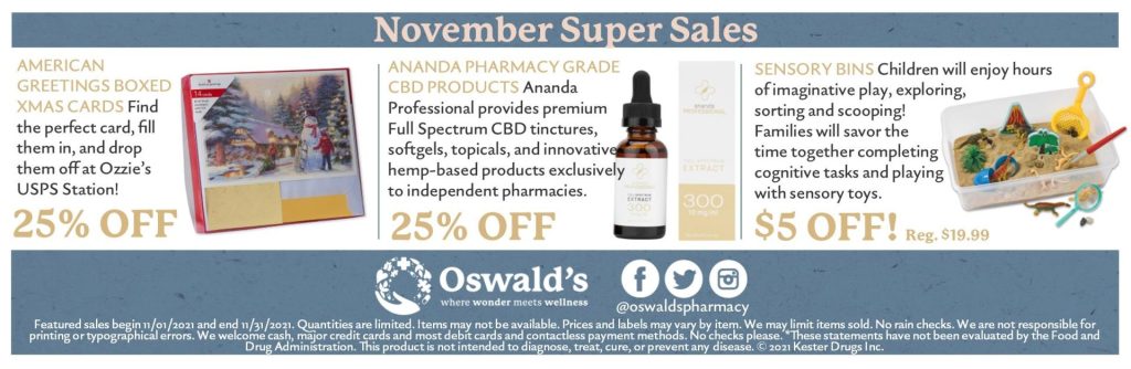 November 2021 Promotions at Oswald's Pharmacy. Photos and descriptions of the items on sale.
