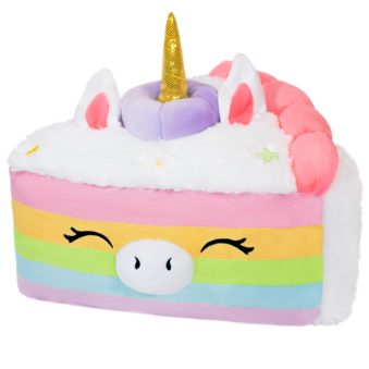 Comfort Food Unicorn Squishable. Photo of the Squishable plush toy, a rainbow cake with a unicorn face.
