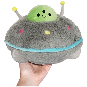 Mini Squishable UFO plush toy. A plush toy that looks like a green alien popping out of a grey-ish UFO.